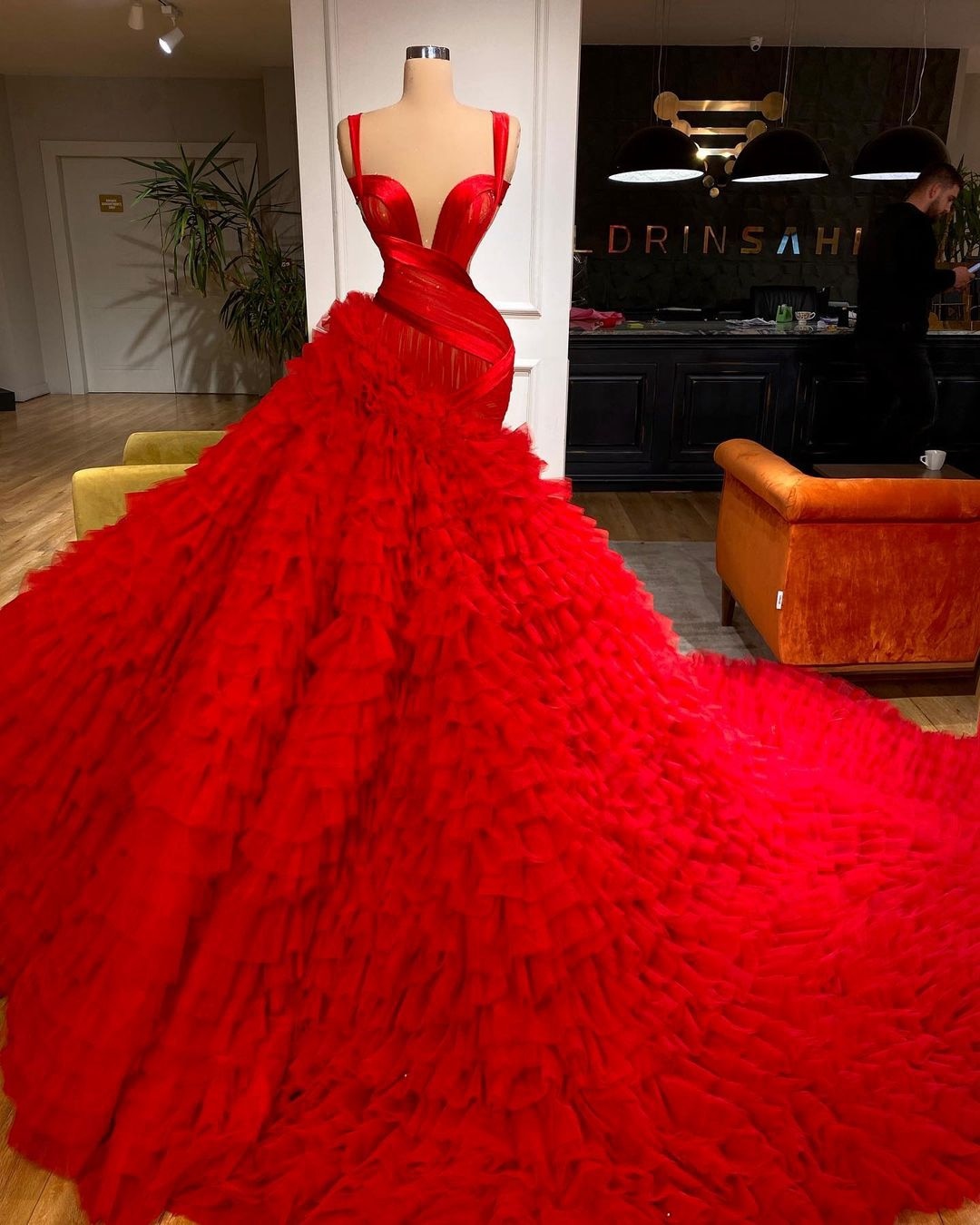 Luxury Puffy Red Mermaid Gown Dress