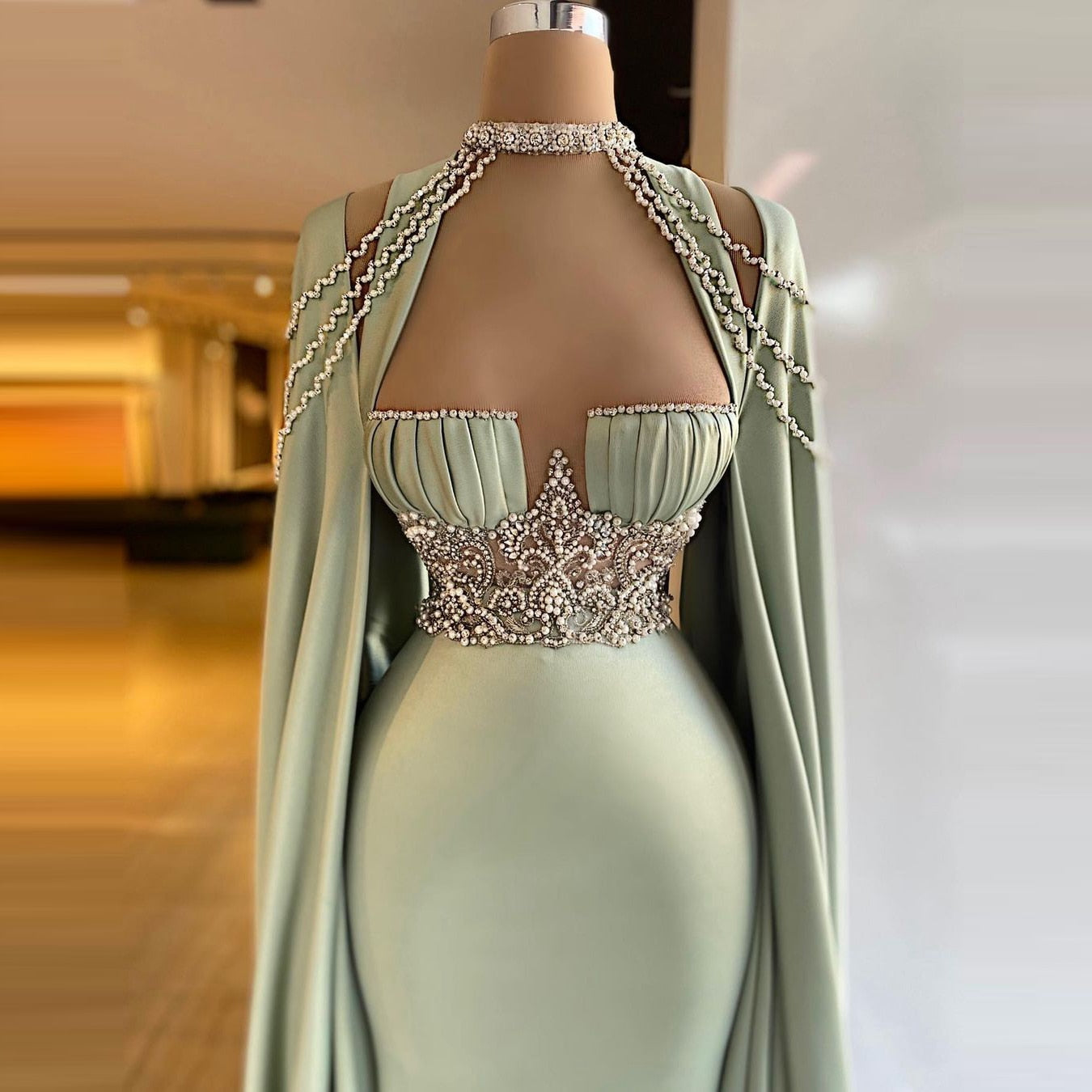 Elegant Satin Crystals Gowns Halter Long Detachable Dress