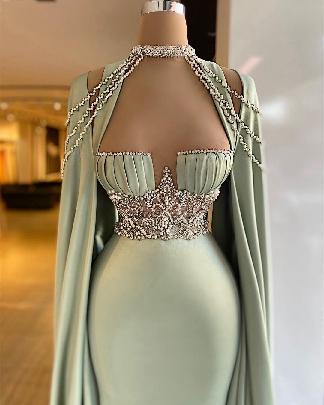 Elegant Satin Crystals Gowns Halter Long Detachable Dress