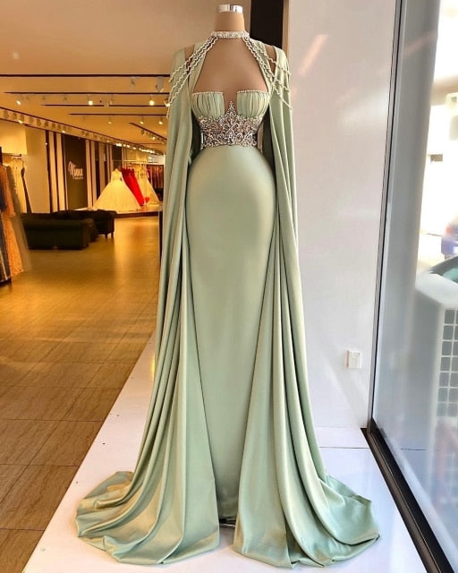 Elegant Satin Crystals Gowns Halter Long Detachable Dress