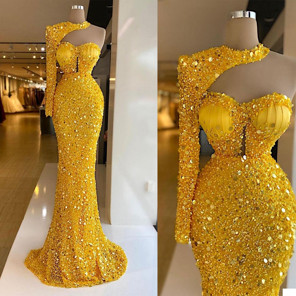 Luxury Bright Gold Sequins Beaded Halter Dress