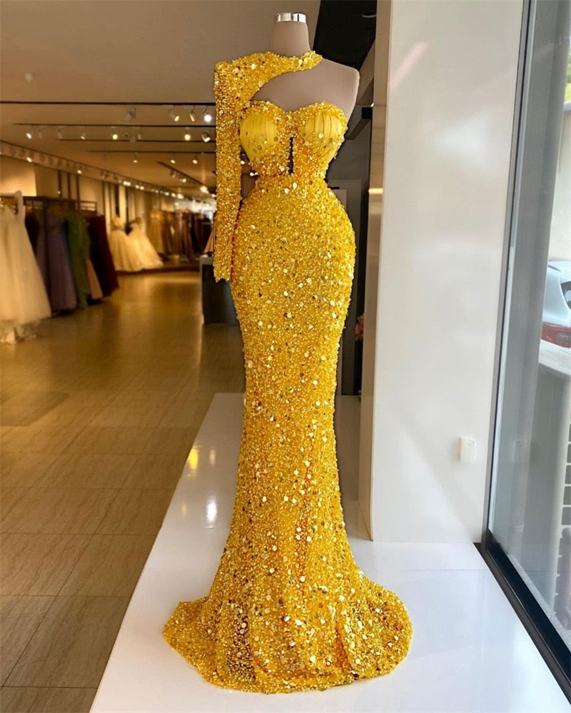 Luxury Bright Gold Sequins Beaded Halter Dress