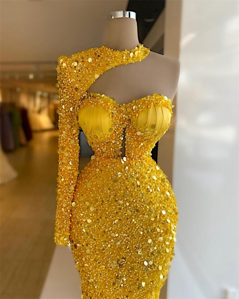 Luxury Bright Gold Sequins Beaded Halter Dress