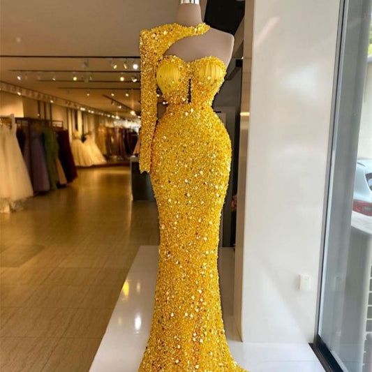 Luxury Bright Gold Sequins Beaded Halter Dress